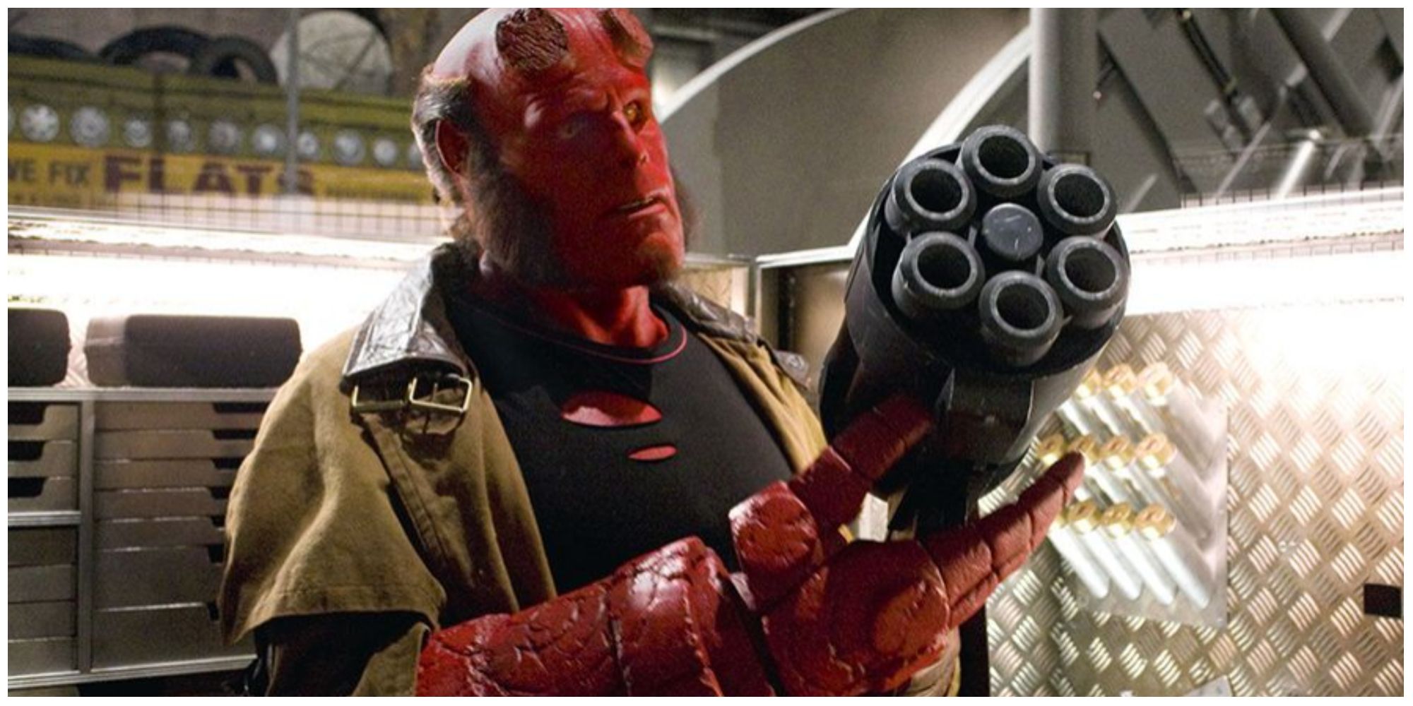 Hellboy with his gun samaritan in Hellboy.