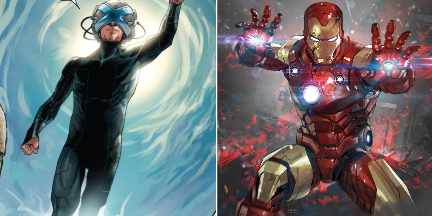 A split image of Marvel's Professor X waking through a Krakoan portal and Iron Man taking aim with his repulsors
