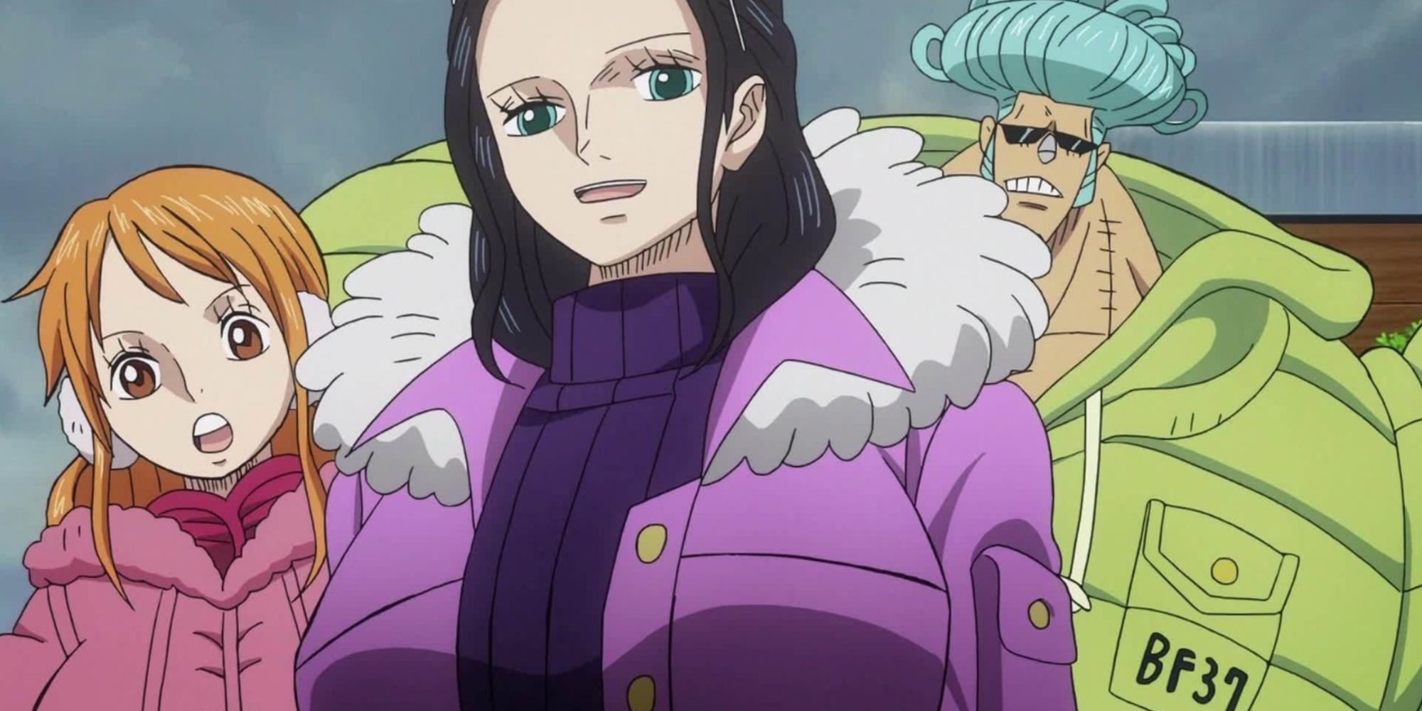 Nami, Nico Robin, and Franky during One Piece's Heart of Gold television special.