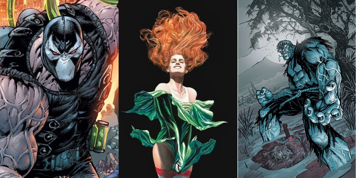A split image of DC Comics' Bane, Cyclone, and Solomon Grundy