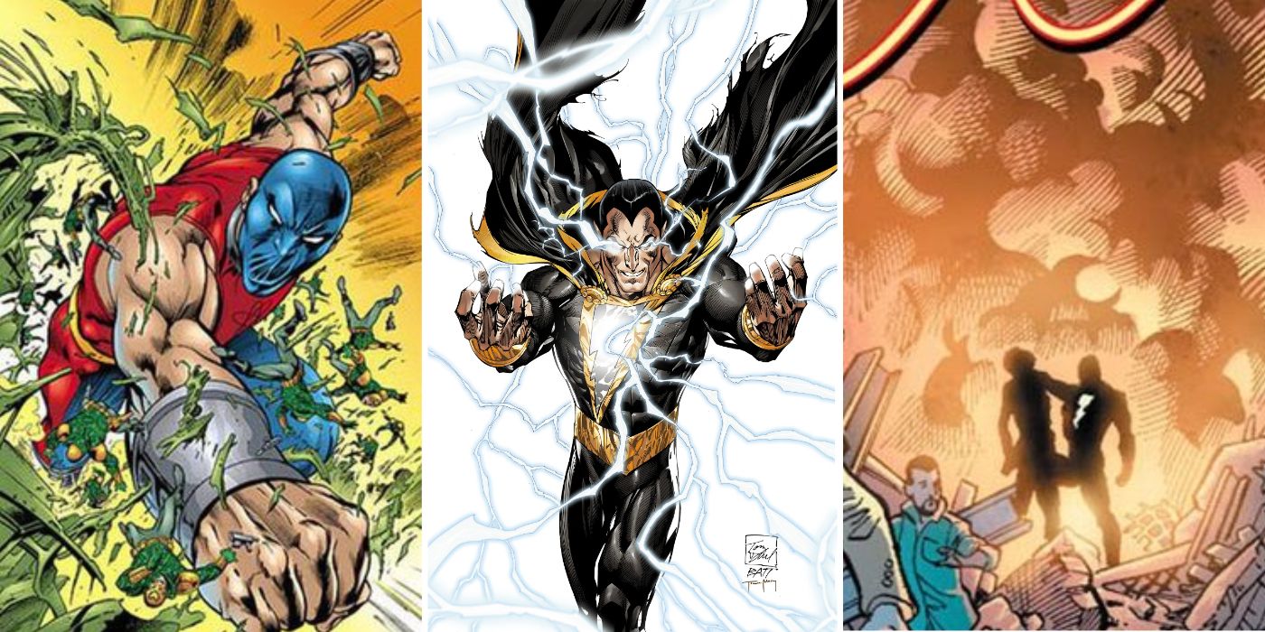 A split image of Atom Smasher, Black Adam, and Black Adam Destroying Bialya