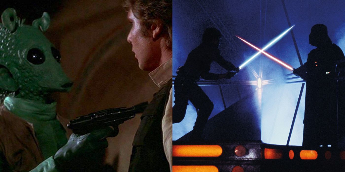 A split image of Greedo confronting Han Solo on Tatooine and Luke and Darth Vader fighting on Bespin from the Star Wars Original Trilogy