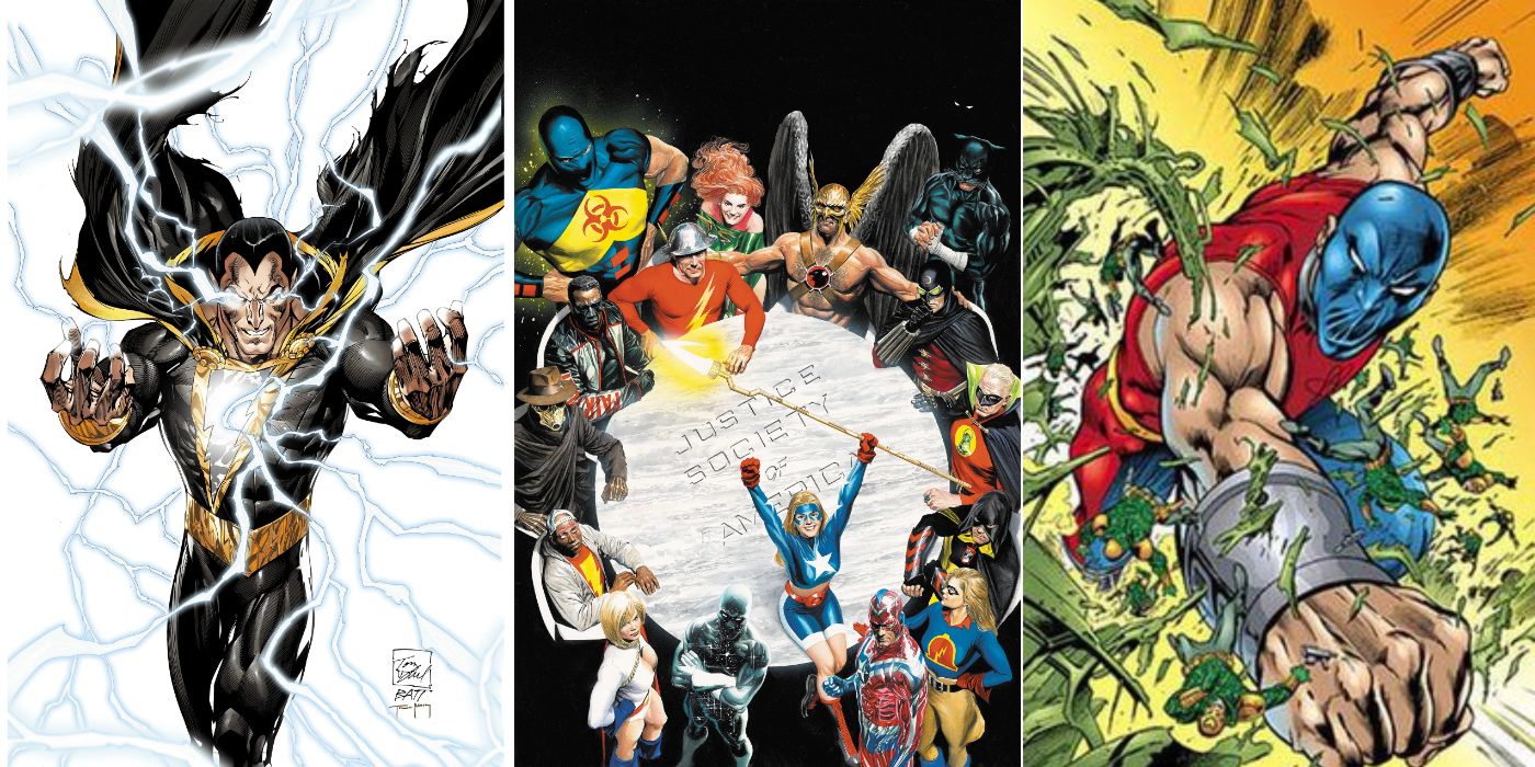 A split image of Black Adam, the Justice Society of America, and Atom Smasher