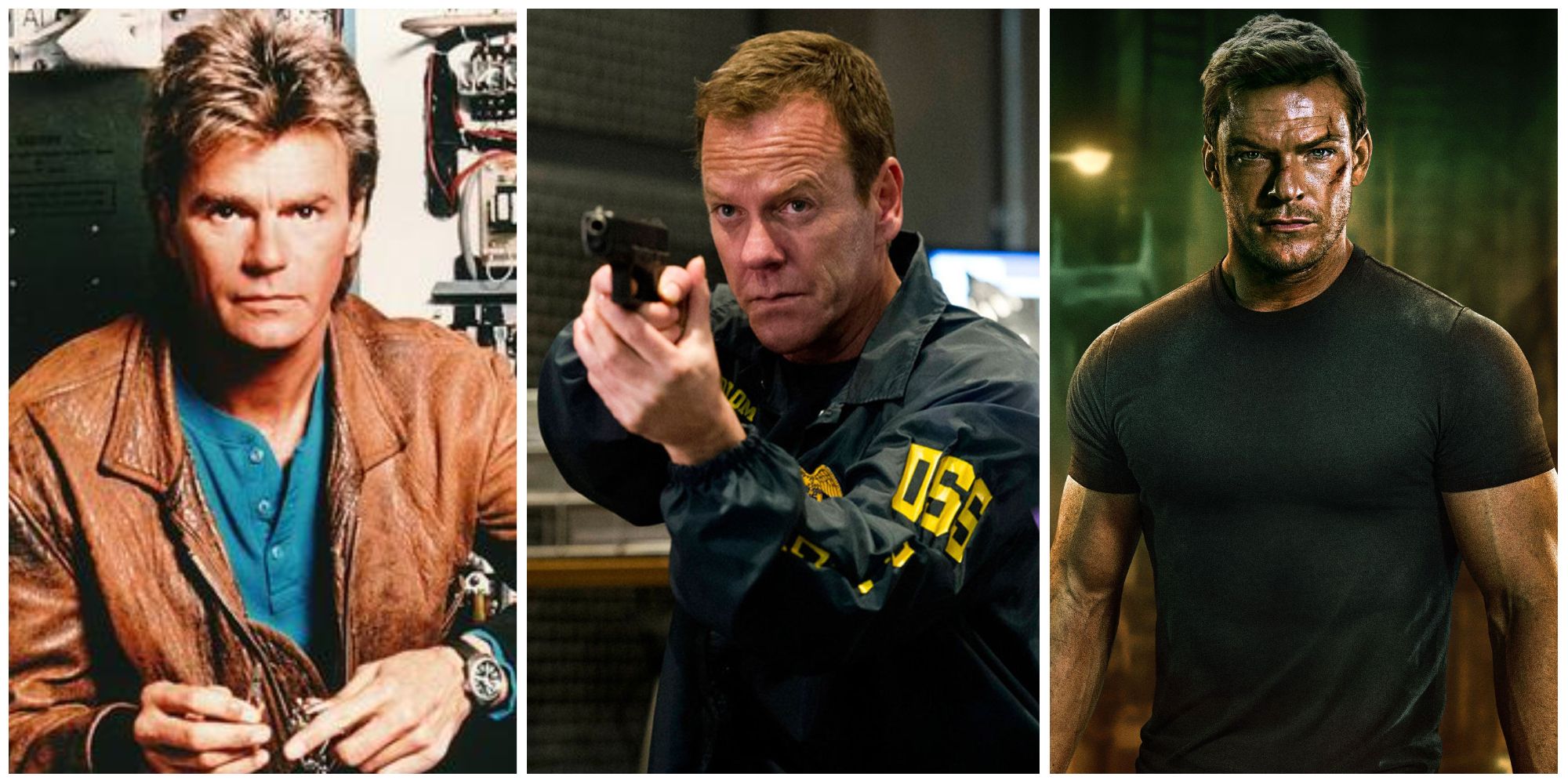 split image of TV Action Heroes MacGyver Jack Bauer Jack Reacher