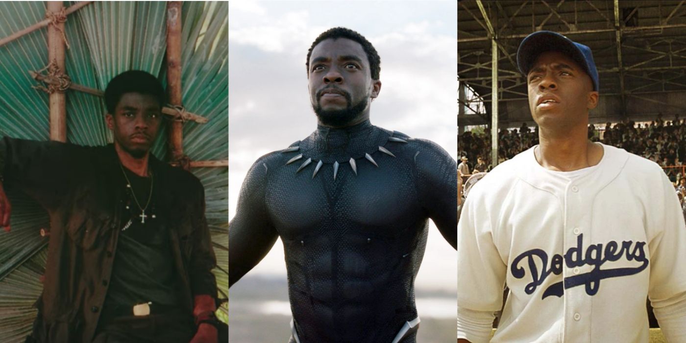 A split image of Chadwick Boseman roles: Stormin Norman, Black Panther, and Jackie Robinson