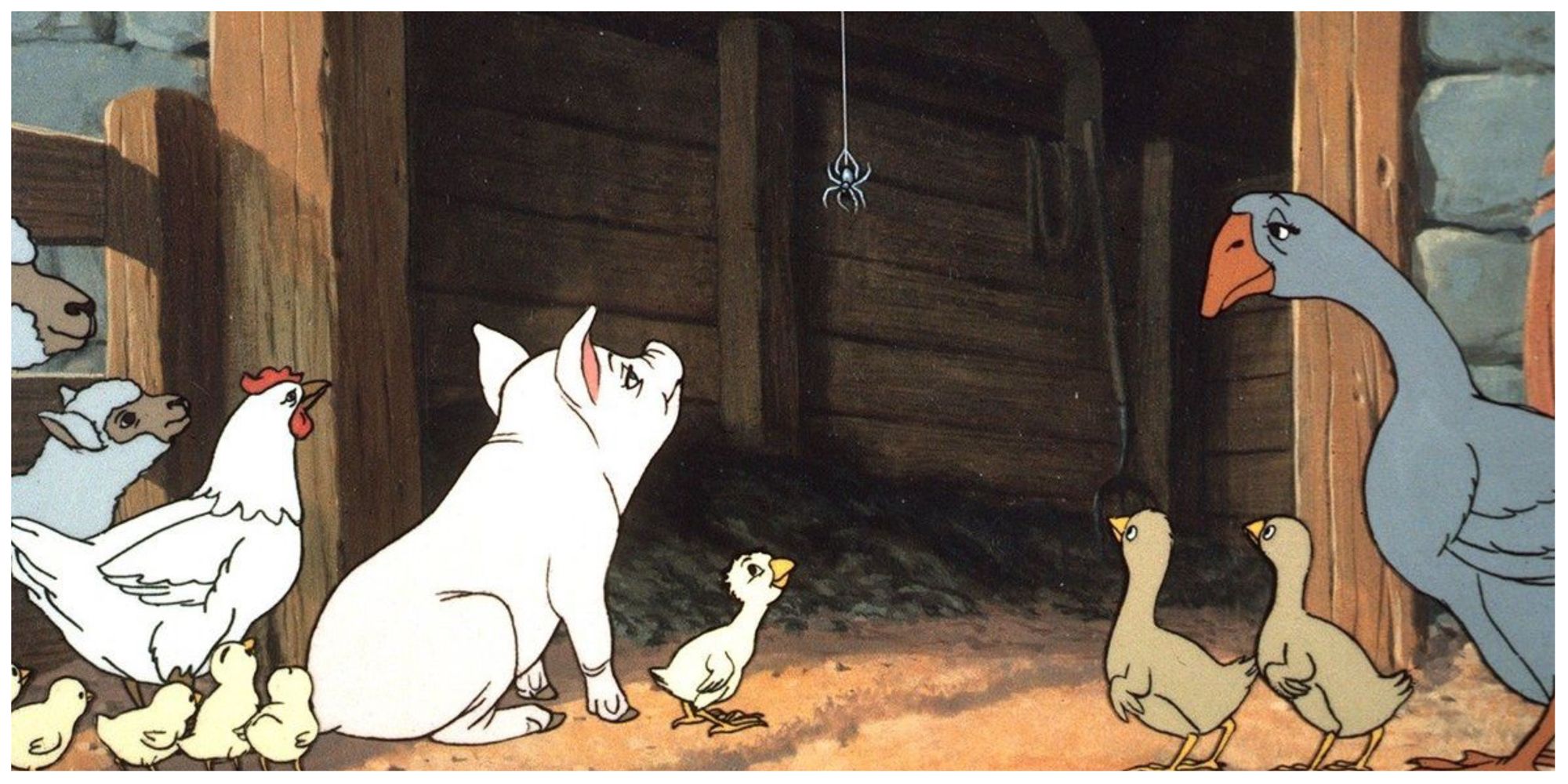 Wilbur, Charlotte, and farm animals have a meeting in Charlotte's Web.