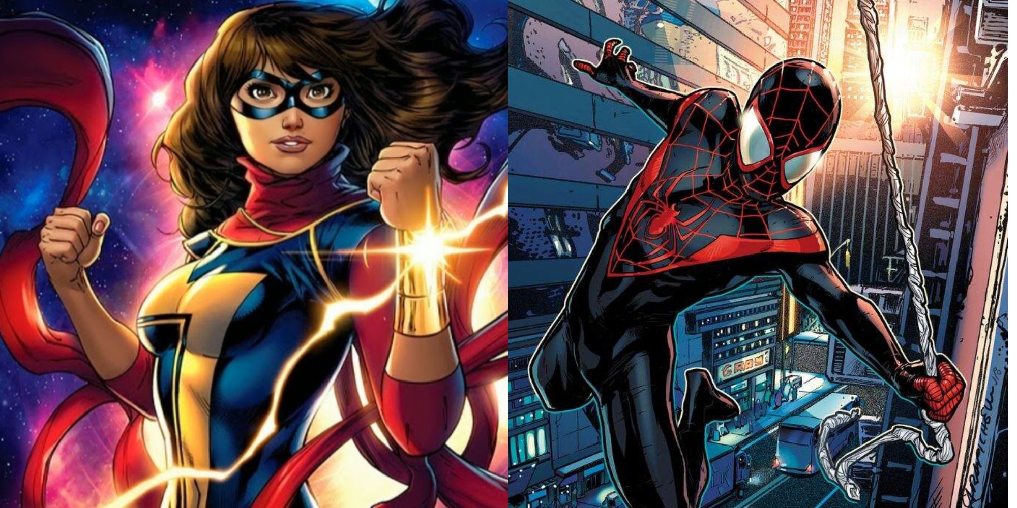 A split image of Ms. Marvel (Kamala Khan) and Spider-Man (Miles Morales) from Marvel Comics
