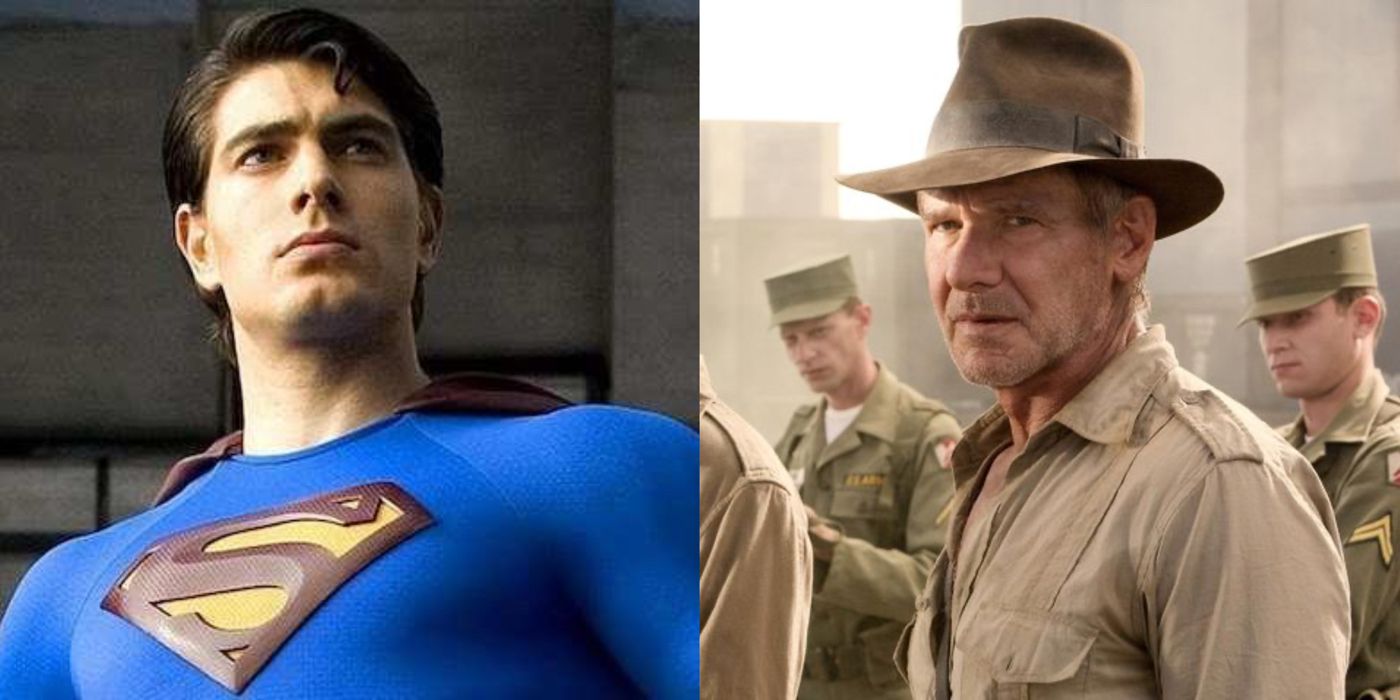 Brandon Routh's Superman stares proudly into the distance, and Indiana Jones gives an apprehensive look.