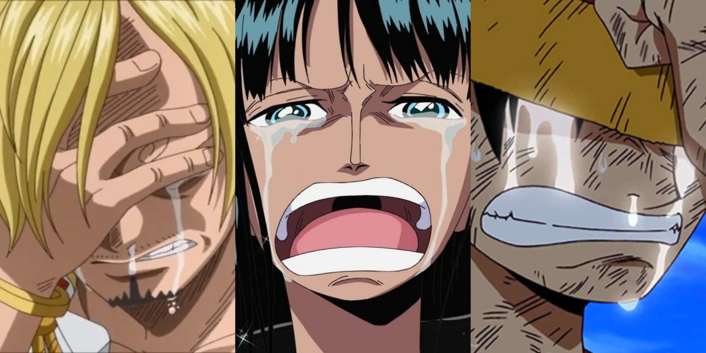Split image of One Piece Characters crying sad tears.