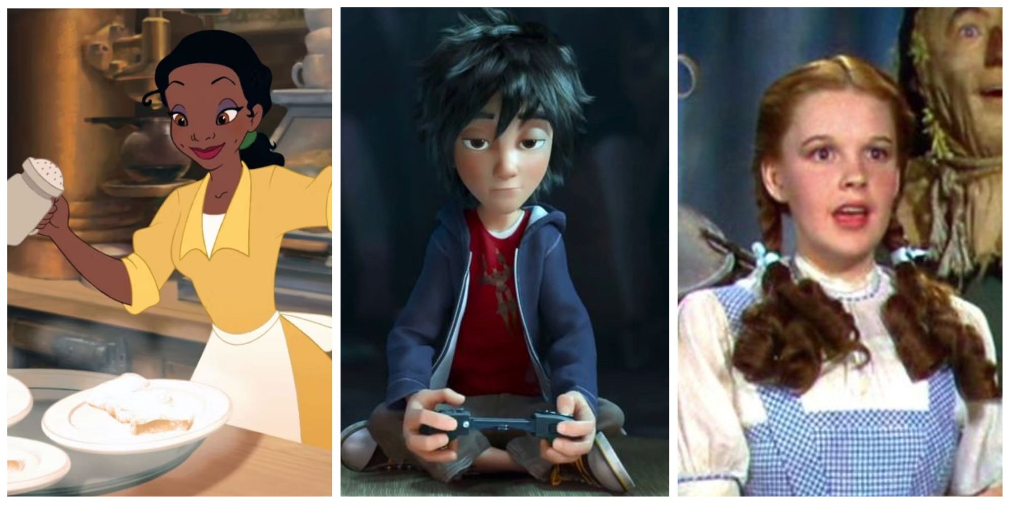 Split image of Tiana from Princess and the Frog, Hiro from Big Hero 6, and Dorothy from The Wizard of OZ