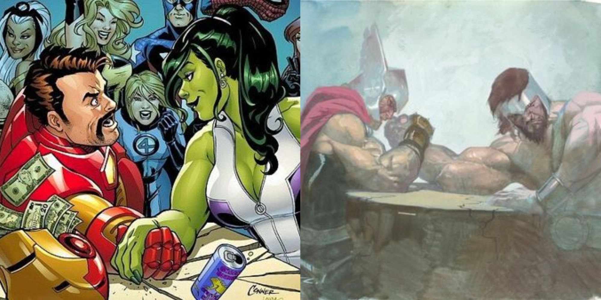 Left: She-Hulk beats Iron Man at arm wrestling while other heroes watch. Right: Esad Ribic's interpretation of Thor and Hercules arm wrestling