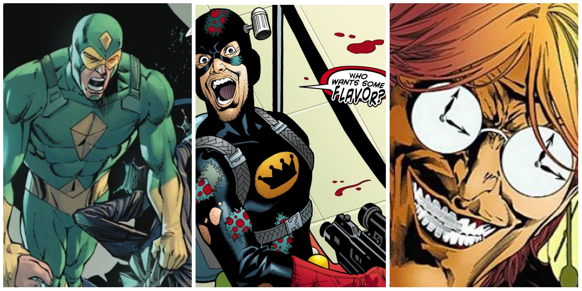 A split image of Kite Man, Condiment King, and Clock King in DC Comics