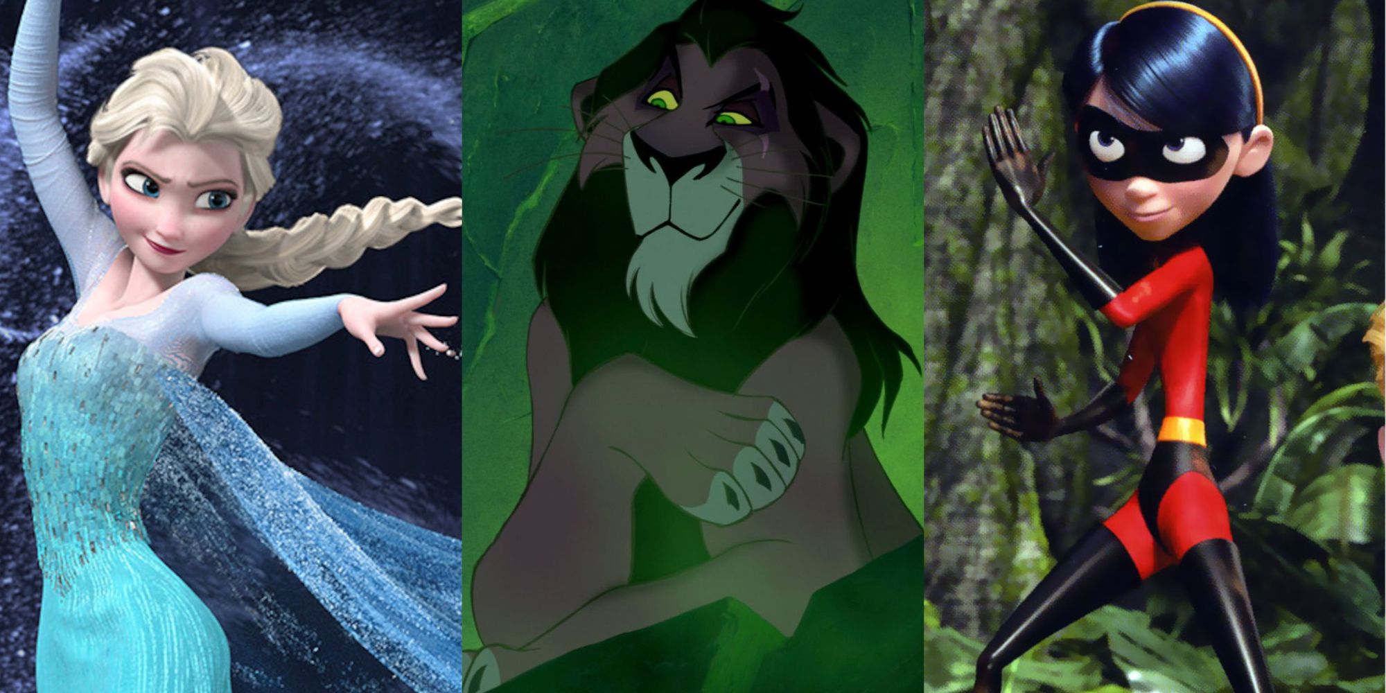 A split image of Elsa from Frozen, Scar from The Lion King, and Violet Parr from The Incredibles 