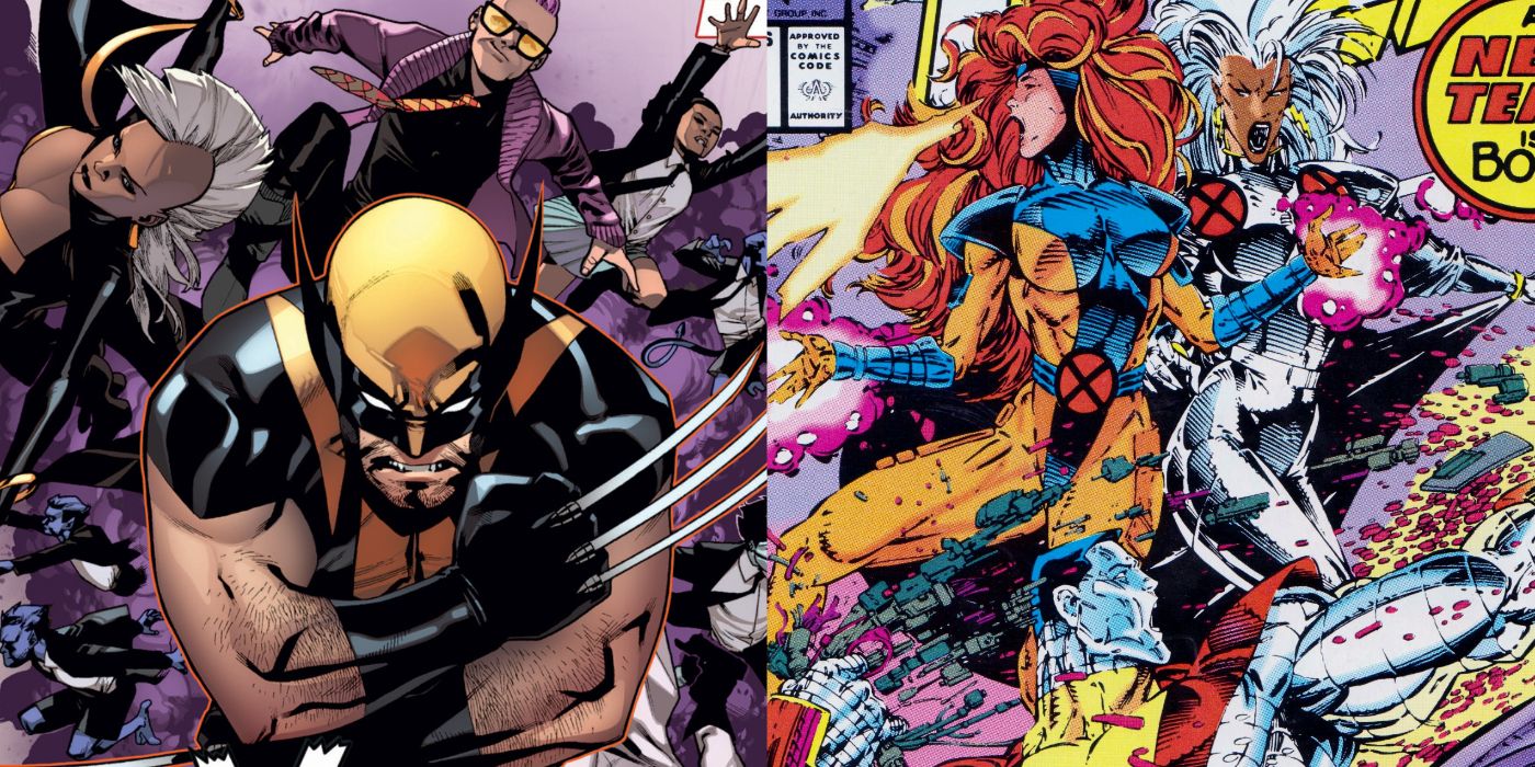 A-split-image-of-Wolverine-and-his-X-Men-and-Jean-Grey-Storm-and-Colossus-in-battle-from-Marvel-Comics