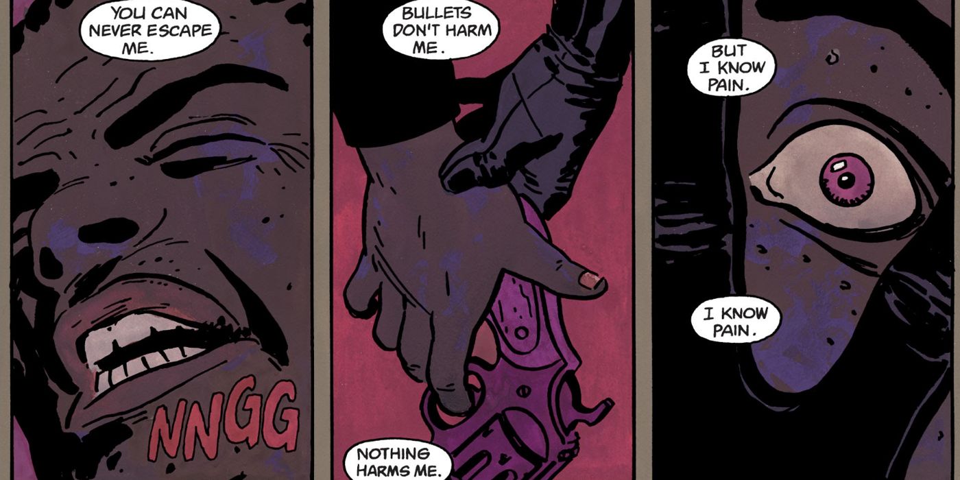 Comic panels of Batman interrogating a criminal in Year One.
