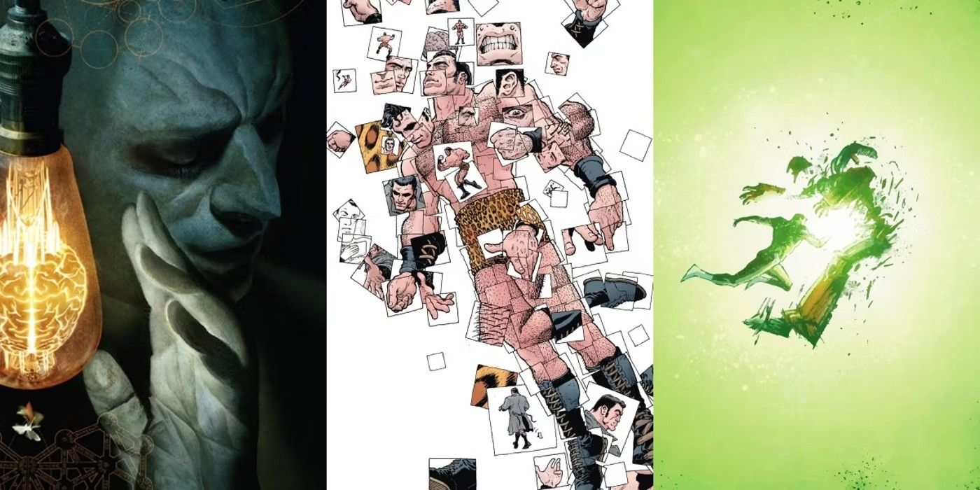 Split of Arkham Asylum cover, Flex Mentallo panel and Green Lantern: Earth One panel artwork