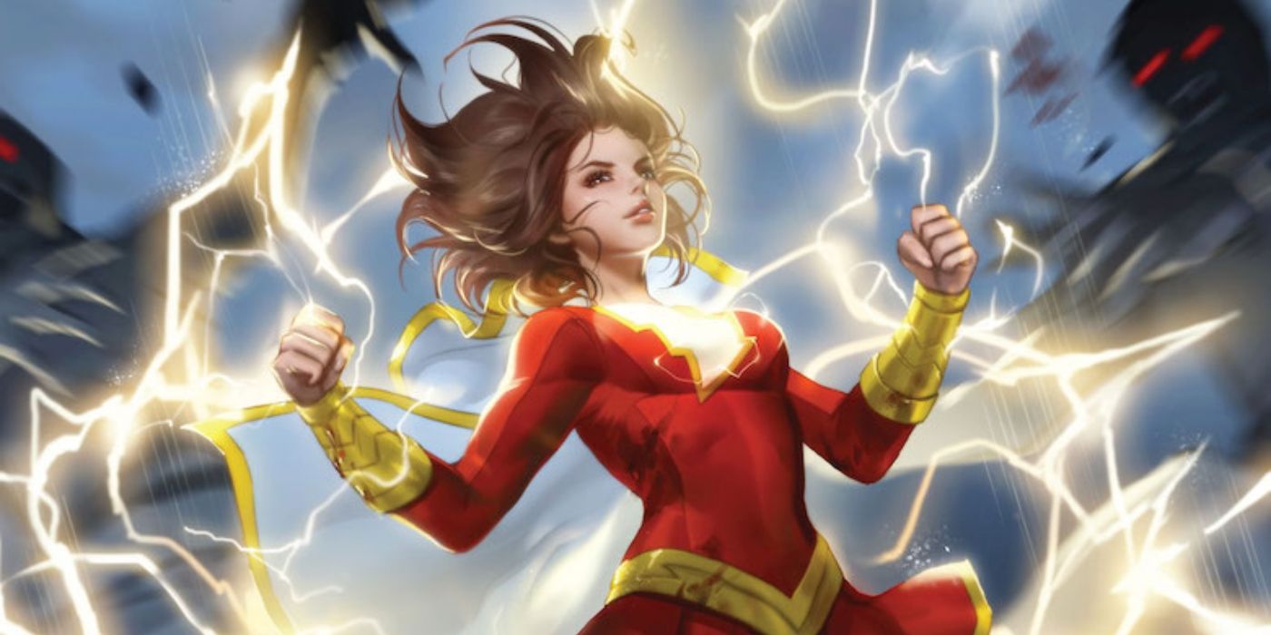 Mary Marvel, lightning behind her, in DC Comics.