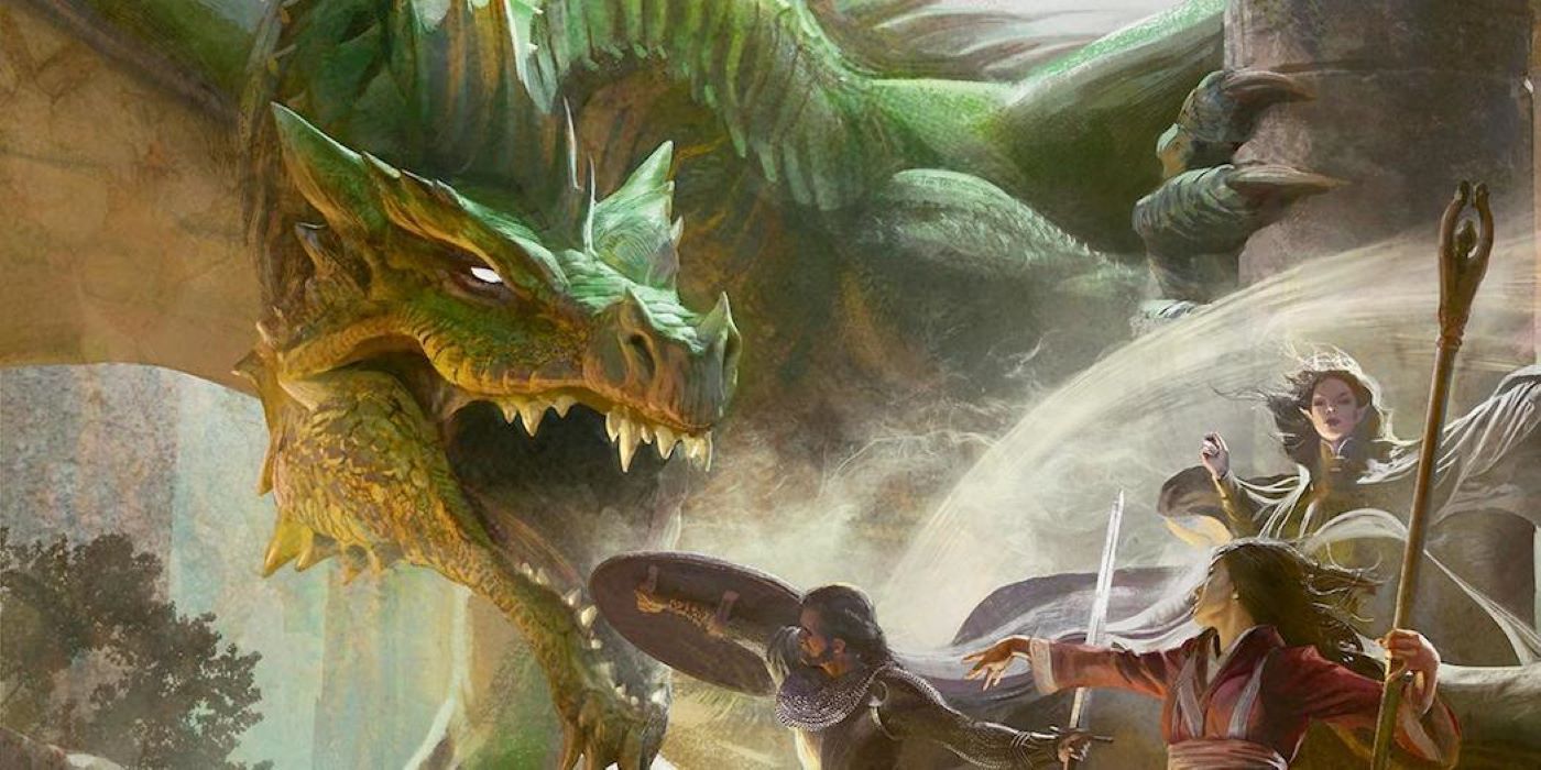 Adventurers facing off against a green dragon in DnD.