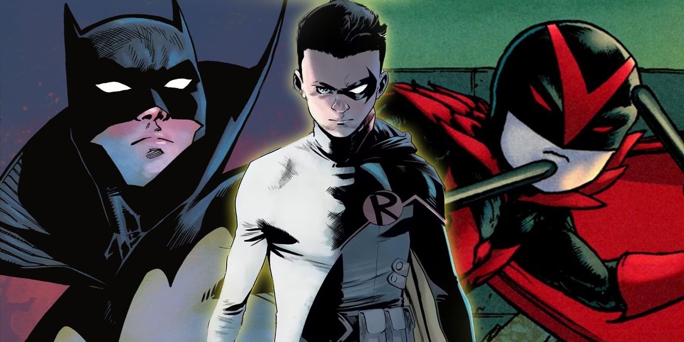 Damian Wayne in his Robin, Batman and Redbird costumed identities