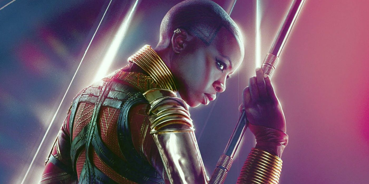 Okoye holds a weapon in promotional images for the MCU