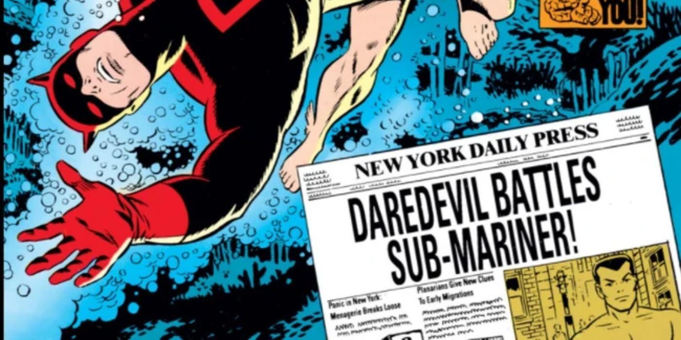 Wally Wood's cover to Daredevil #7, featuring a defeated Daredevil in a wave and a newspaper headline saying "Daredevil Battles Sub-Mariner!"