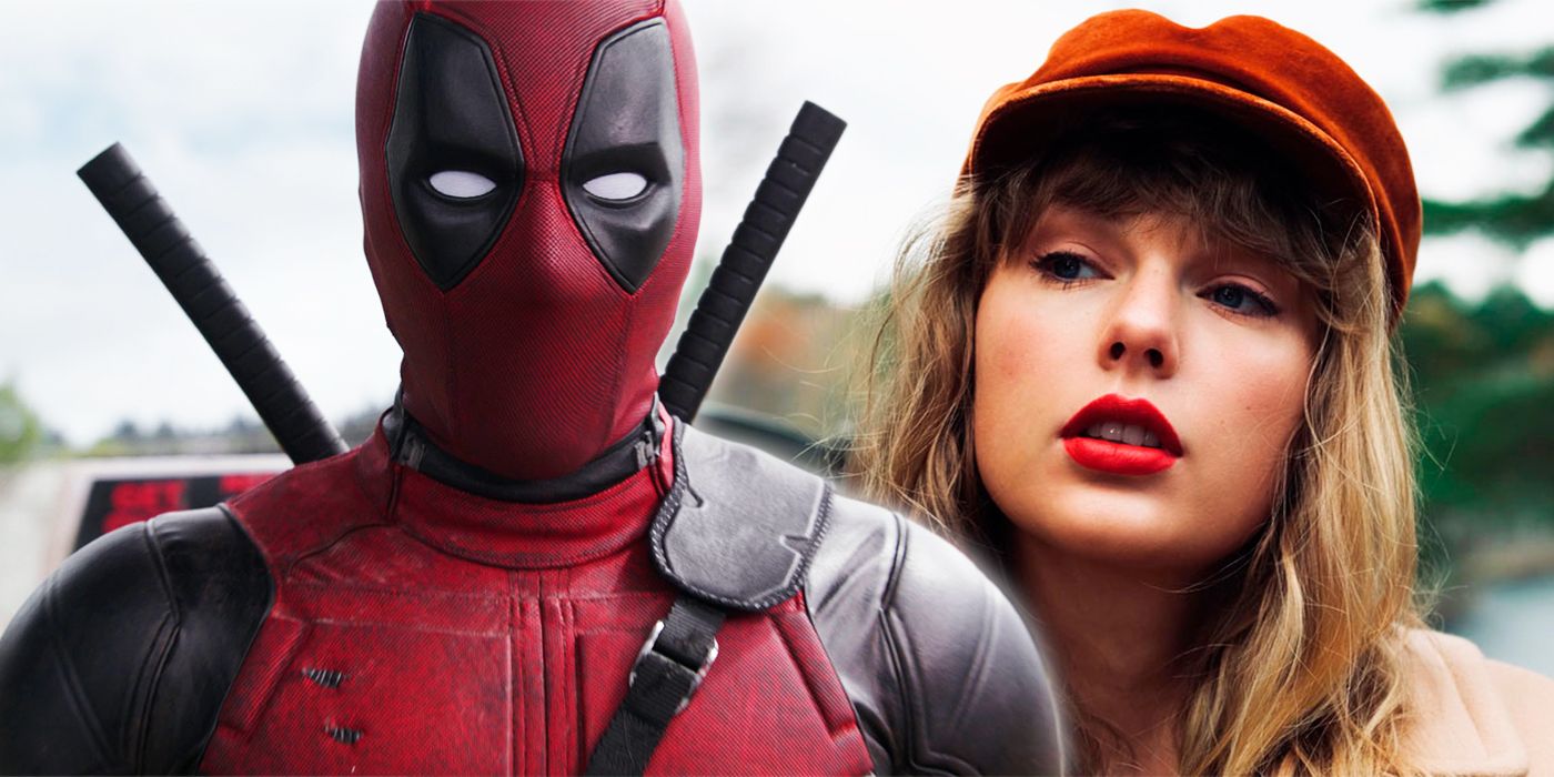 Deadpool in his suit next to a thoughtful-looking Taylor Swift