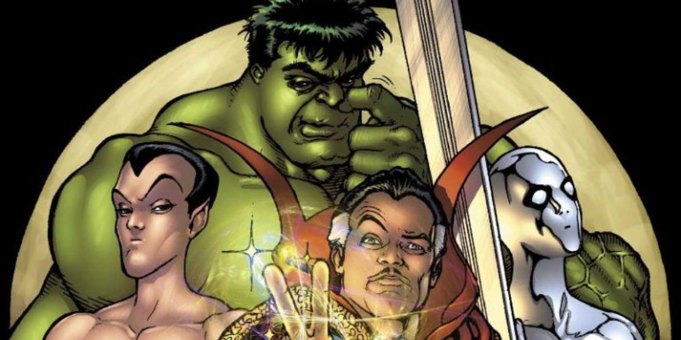 Namor, Hulk, Doctor Strange, and the Silver Surfer pose together for the Kevin Maguire cover of Defenders Indefensible