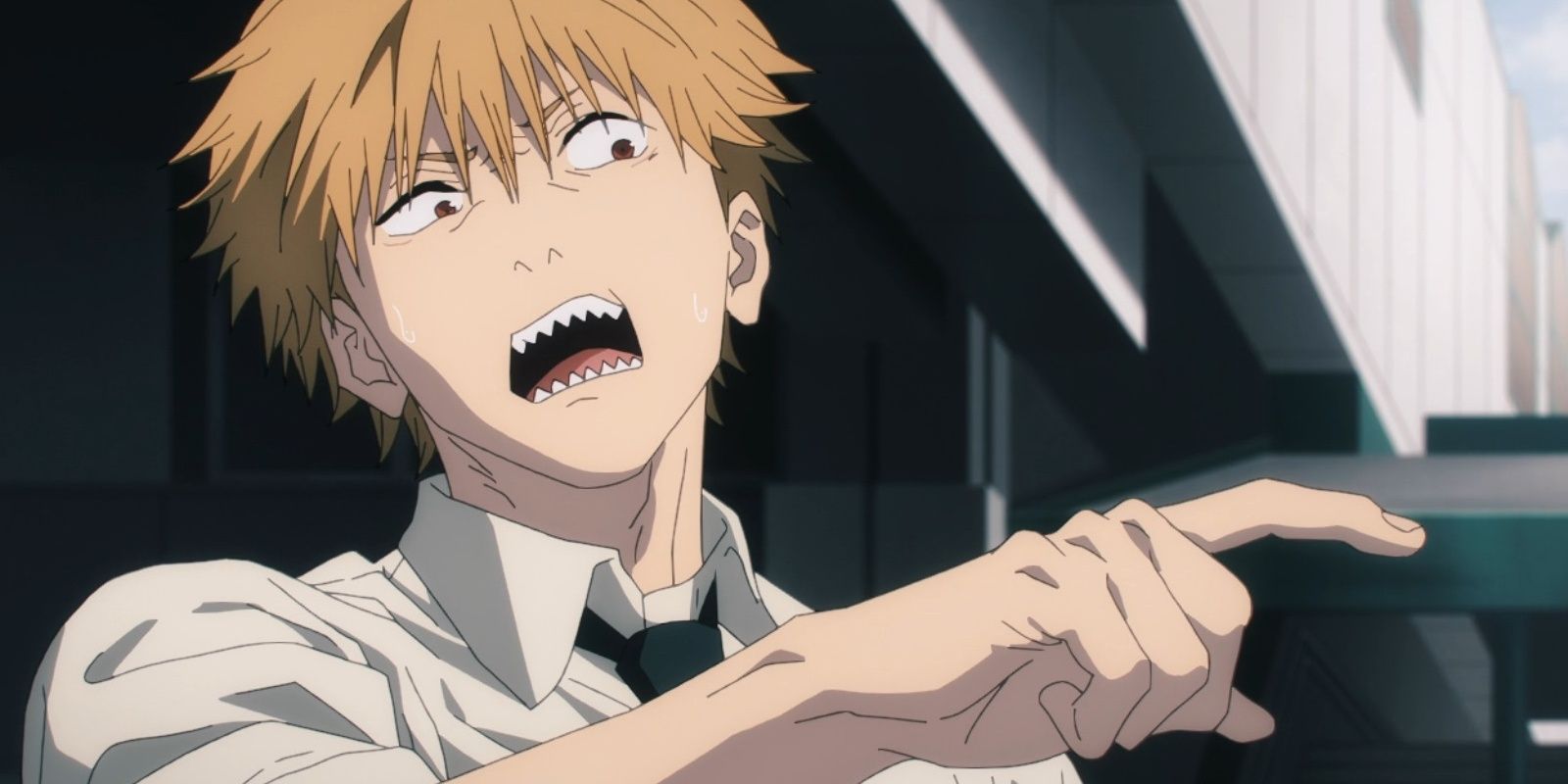 Denji is pointing an accusing finger in Chainsaw Man.