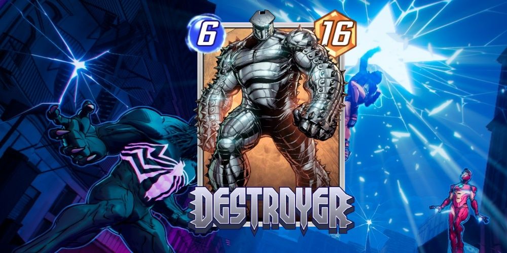 The Destroyer card in Marvel Snap on top of promotional art for the game