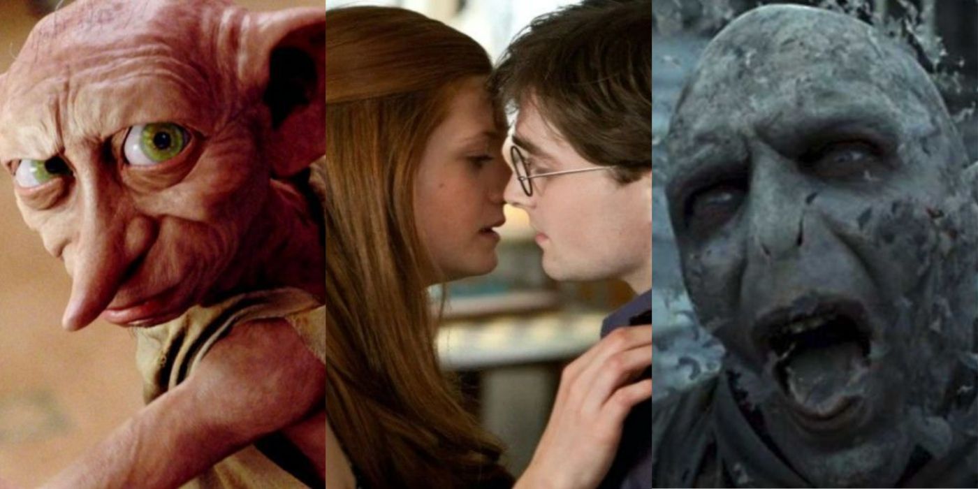 A split image of Dobby, Harry and Ginny kissing, and Voldemort dying in Harry Potter