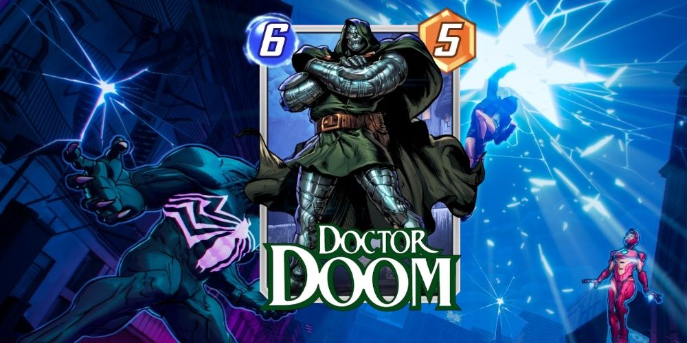 The Doctor Doom card in Marvel Snap on top of promotional art for the game.