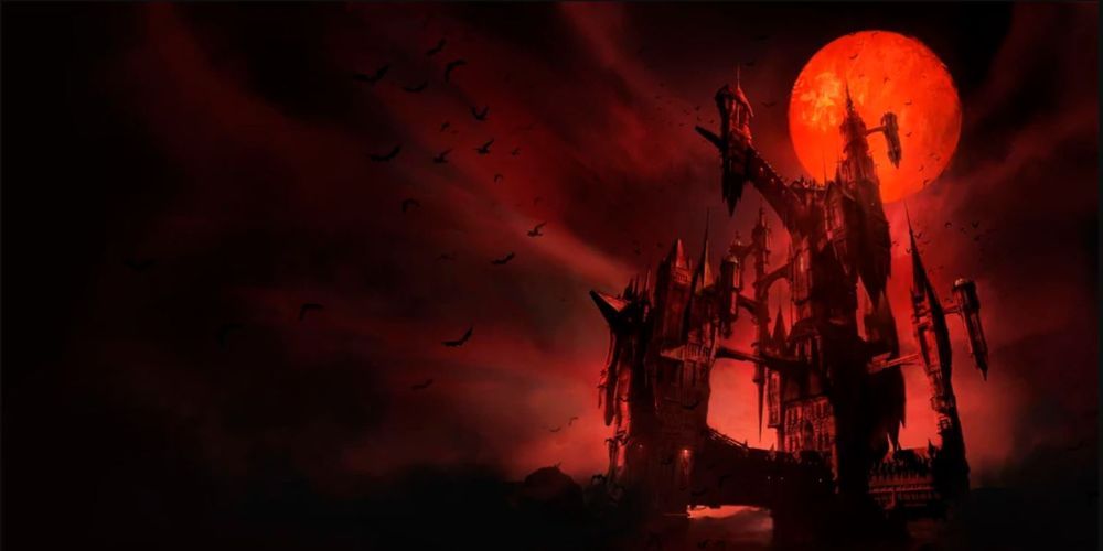 Dracula's Castle looming before a blood red moon in the Castlevania anime.