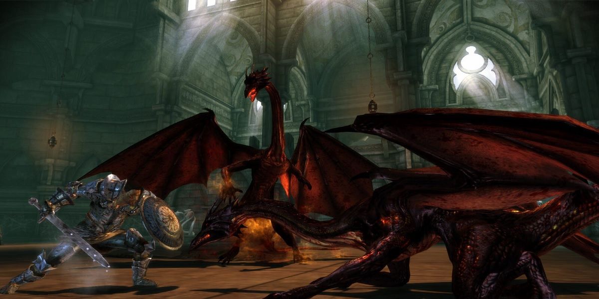 Player fighting two dragons from Dragon Age: Origins- Awakening