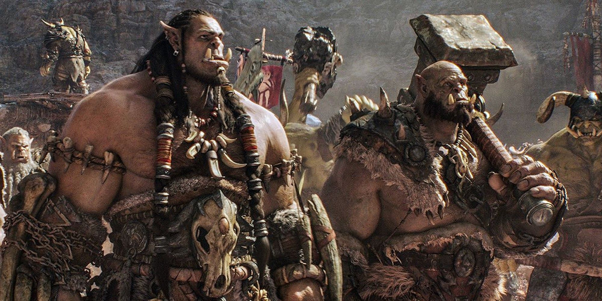 Durotan and Orgrim Doomhammer marching into battle in the Warcraft movie