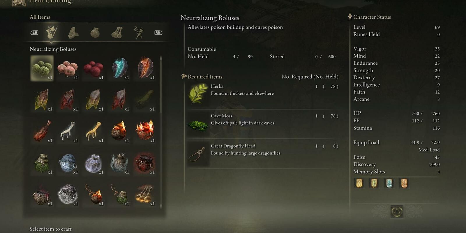 A screenshot of the crafting screen in Elden Ring