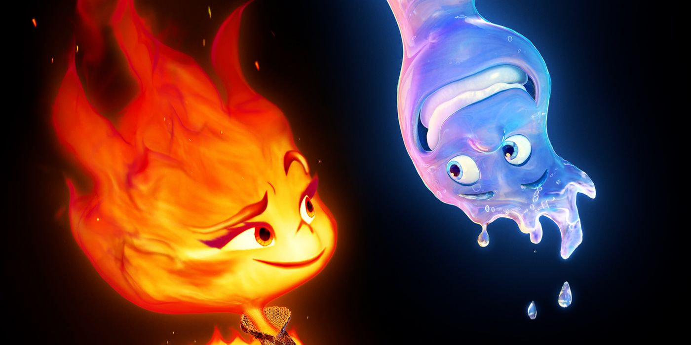 Ember and Wade smile at each other in Pixar's Elemental