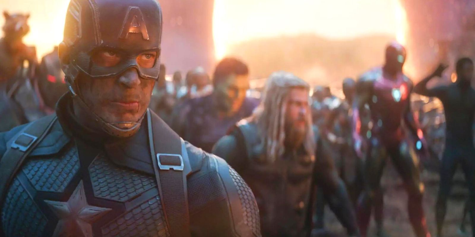 The Avengers line up, ready for the final battle of Endgame with Captain America in the front