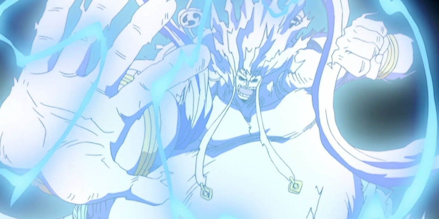 Enel wielding the maximum powers of the Rumble-Rumble Fruit during the Skypiea arc in One Piece.