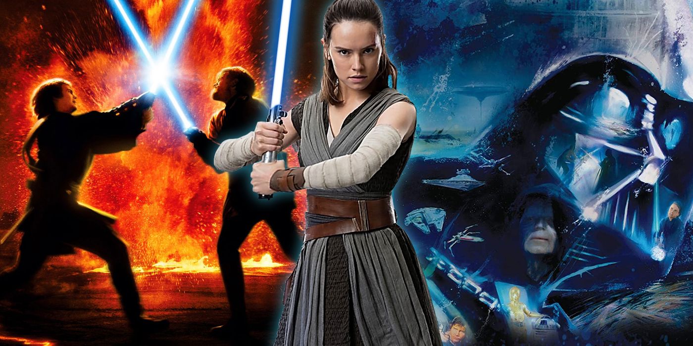 Rey Skywalker with Revenge of the Sith and A new Hope posters split image