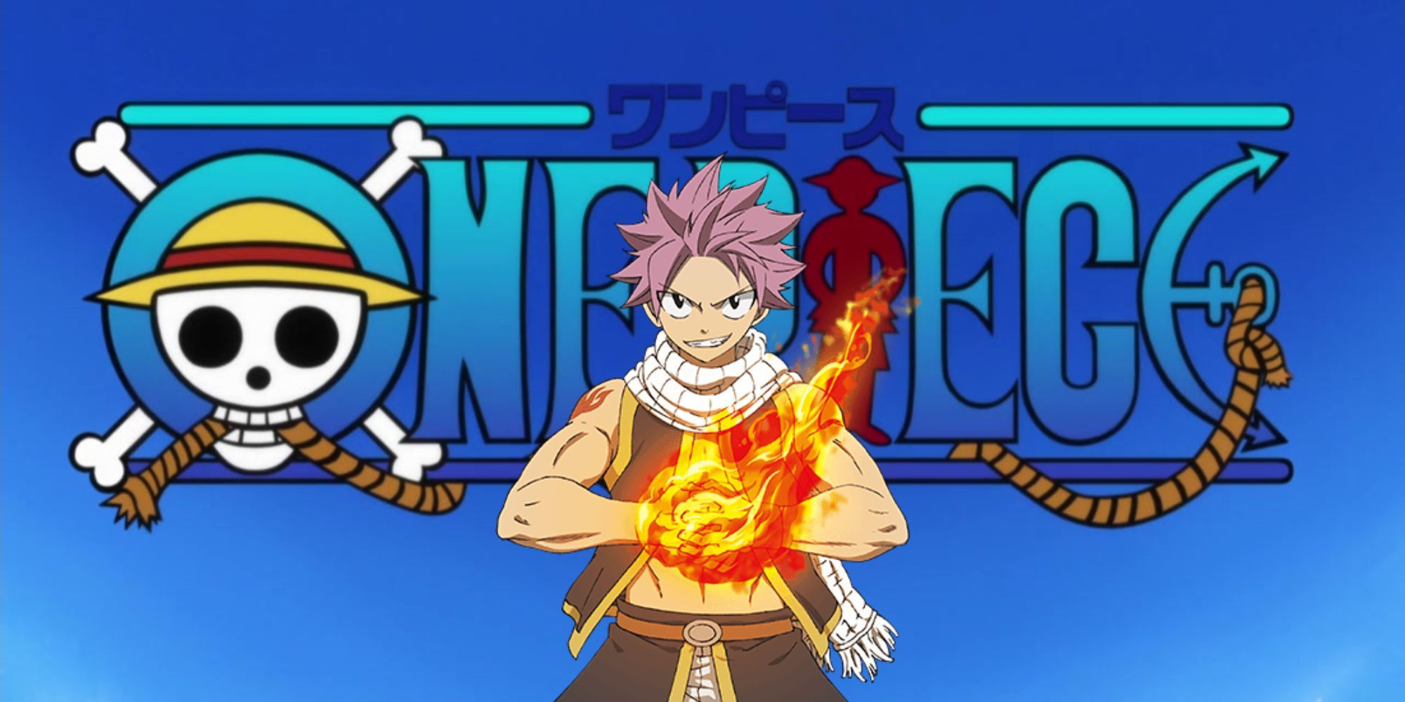 Fairy Tail's Natsu Dragneel Overlaying One Piece Logo