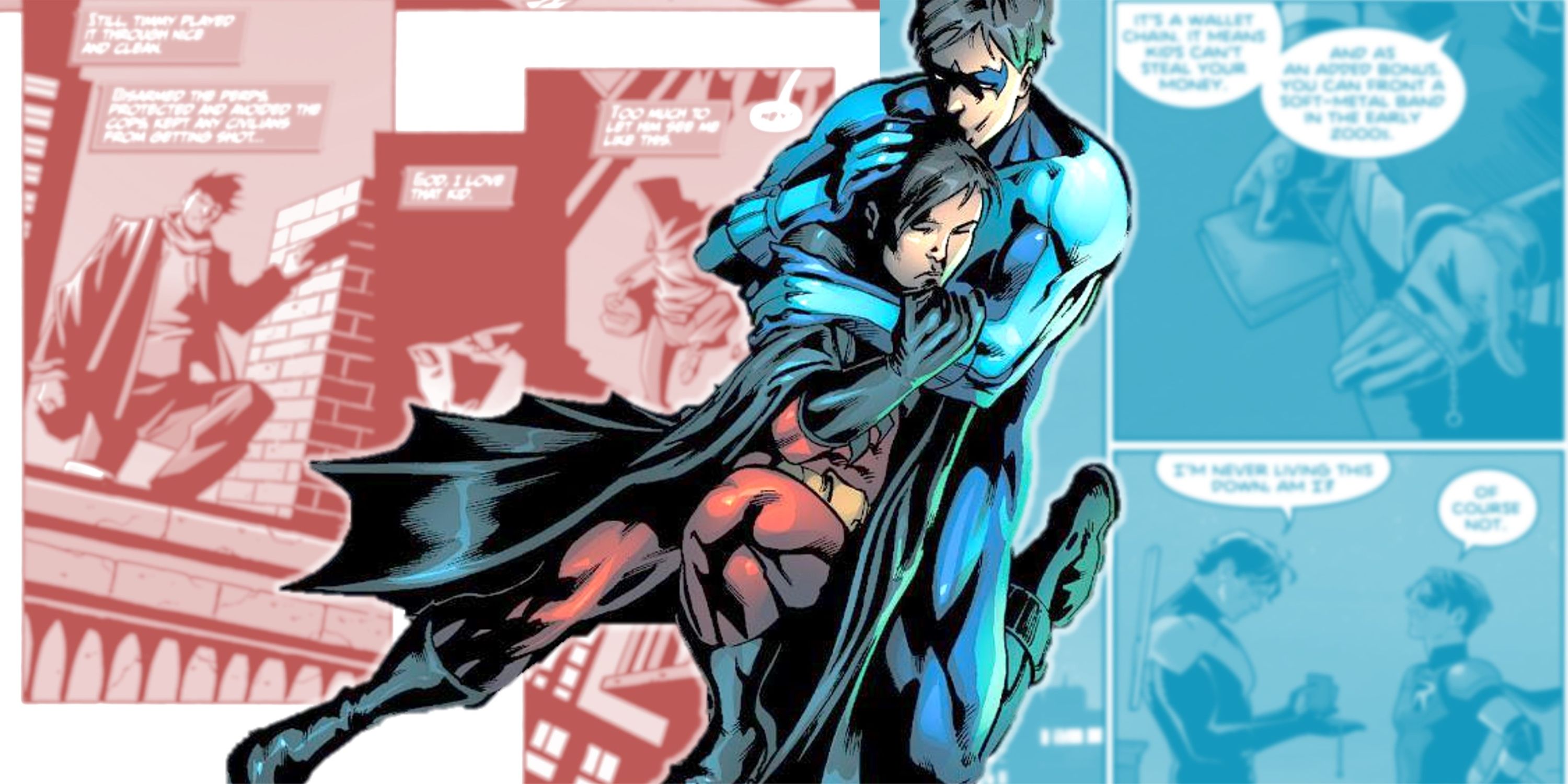 Composite image of Tim Drake and Dick Grayson embracing superimposed over blurred panels of the two of them