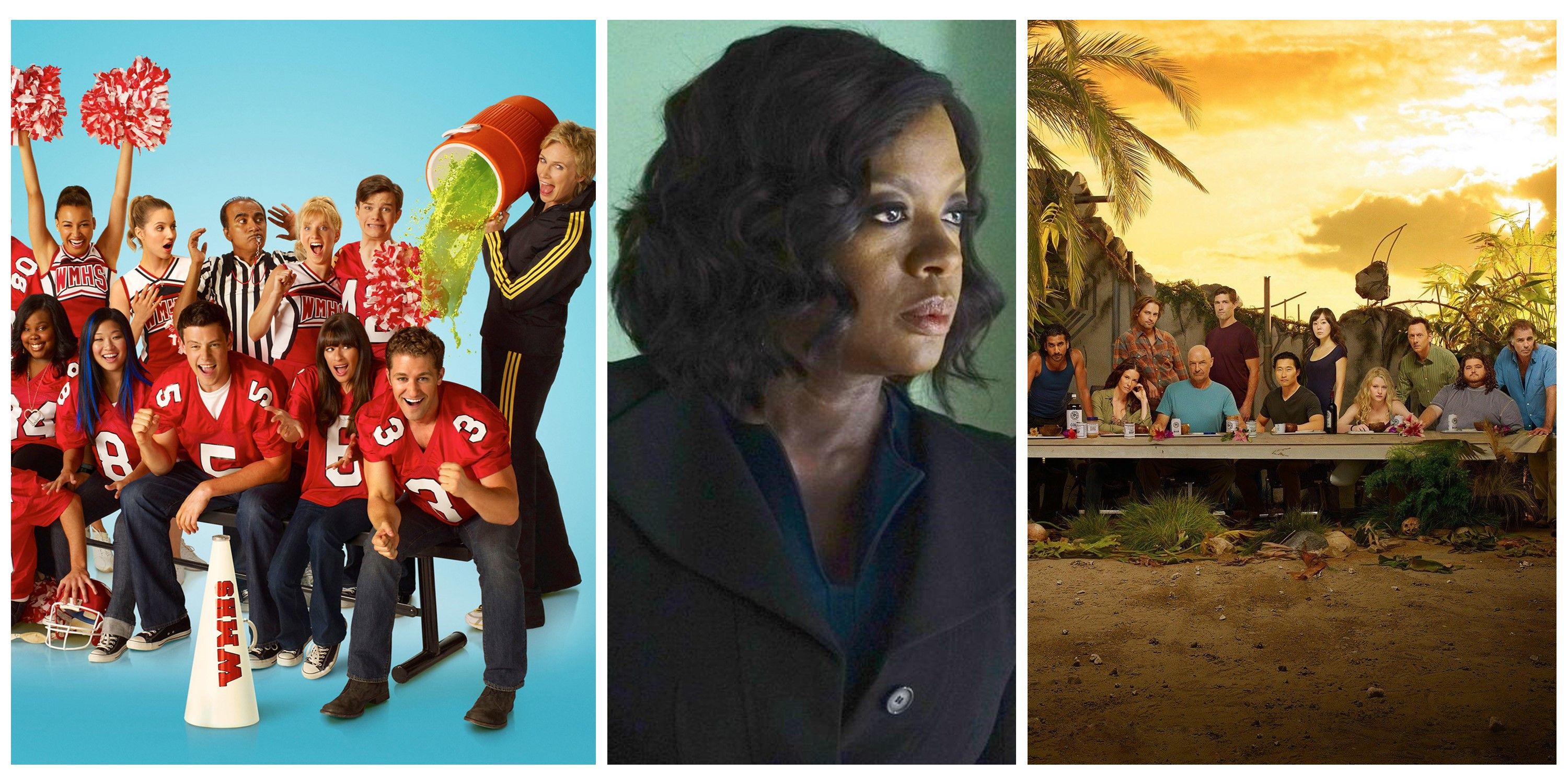 Split image of promo art for Glee, Viola Davis in How To Get Away With Murder, and promo art for Lost