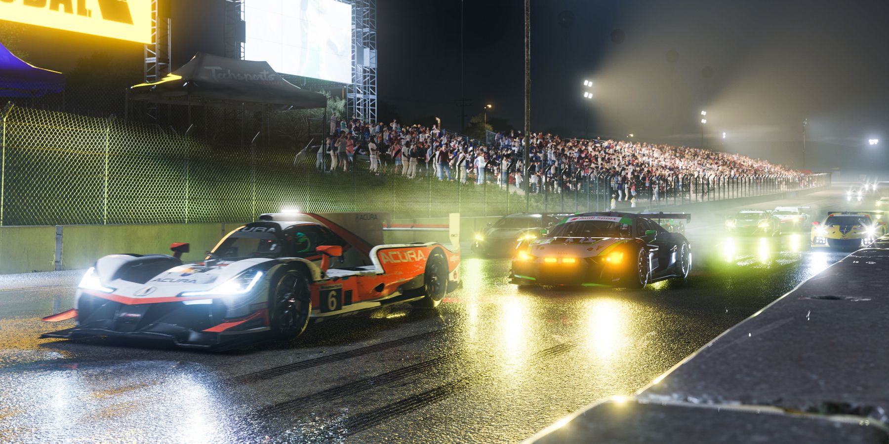 Two vehicles race on a wet night track with spectators watching in Forza Motorsport (2023)