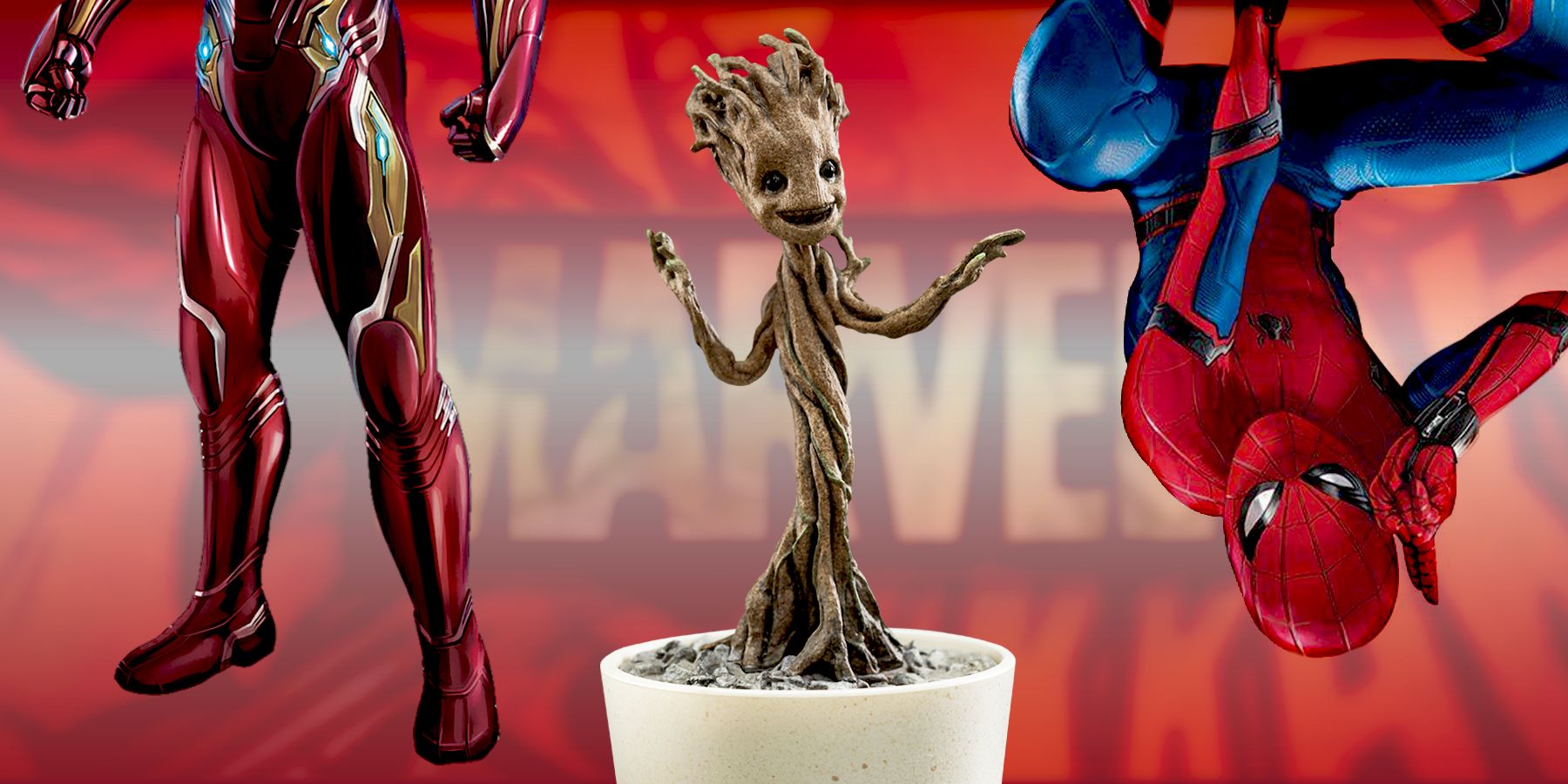 Baby Groot is between the bottom half of Iron Man's suit, and Spider-Man dangling upside-down