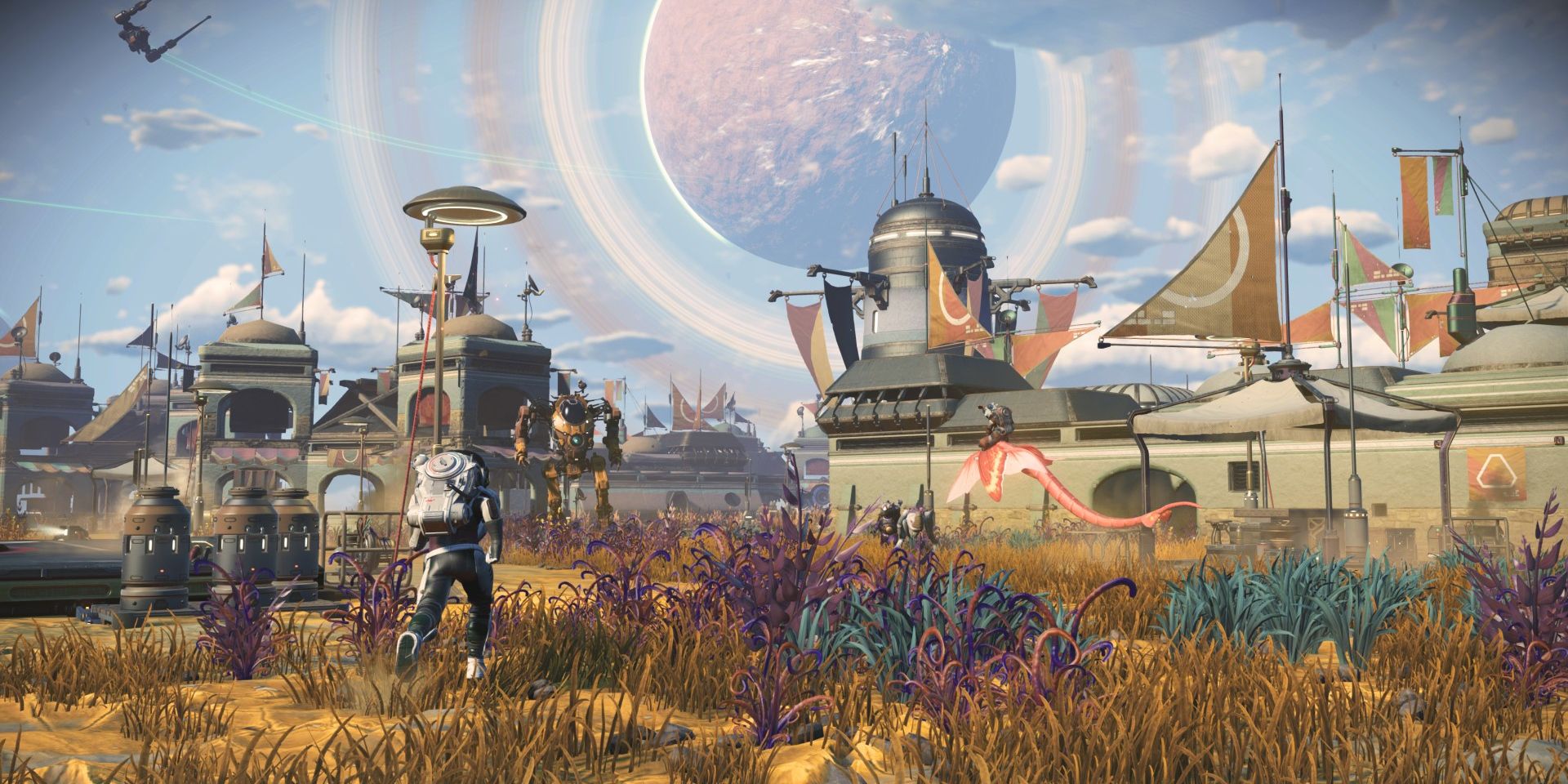 Player exploring a city in the Frontiers Update of No Mans Sky
