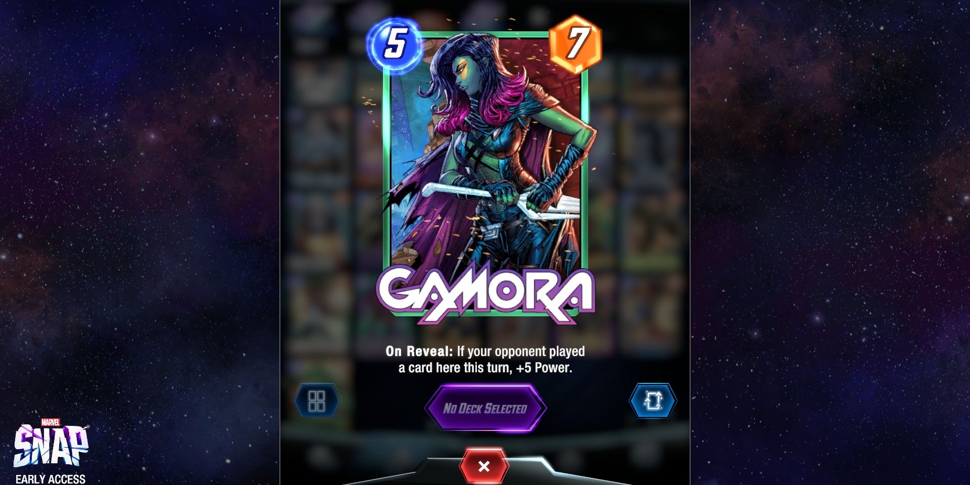 The Gamora card in Marvel Snap on top of promotional art in a split image
