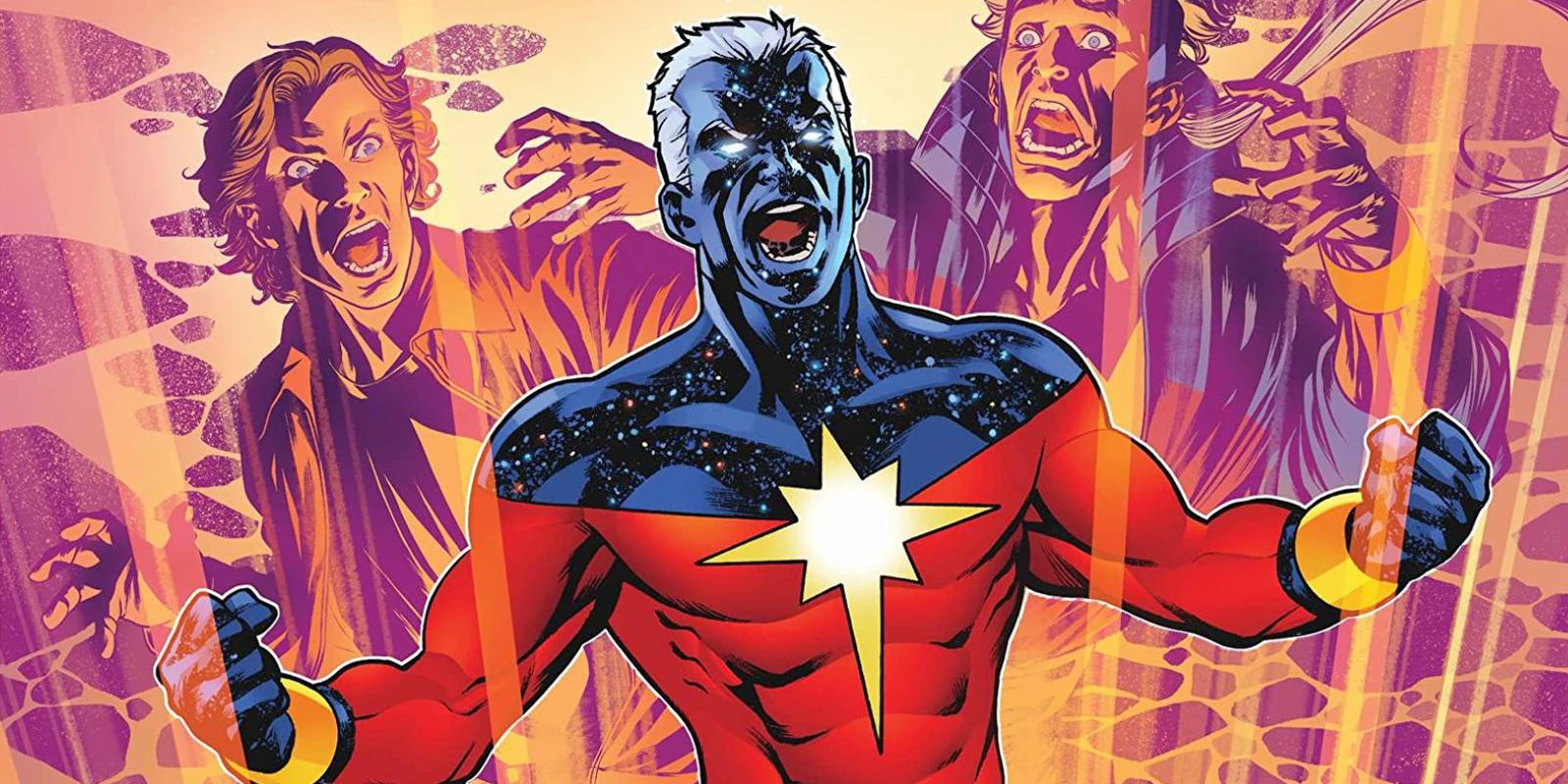 Genis-Vell as Captain Marvel with Rick Jones and others in the background