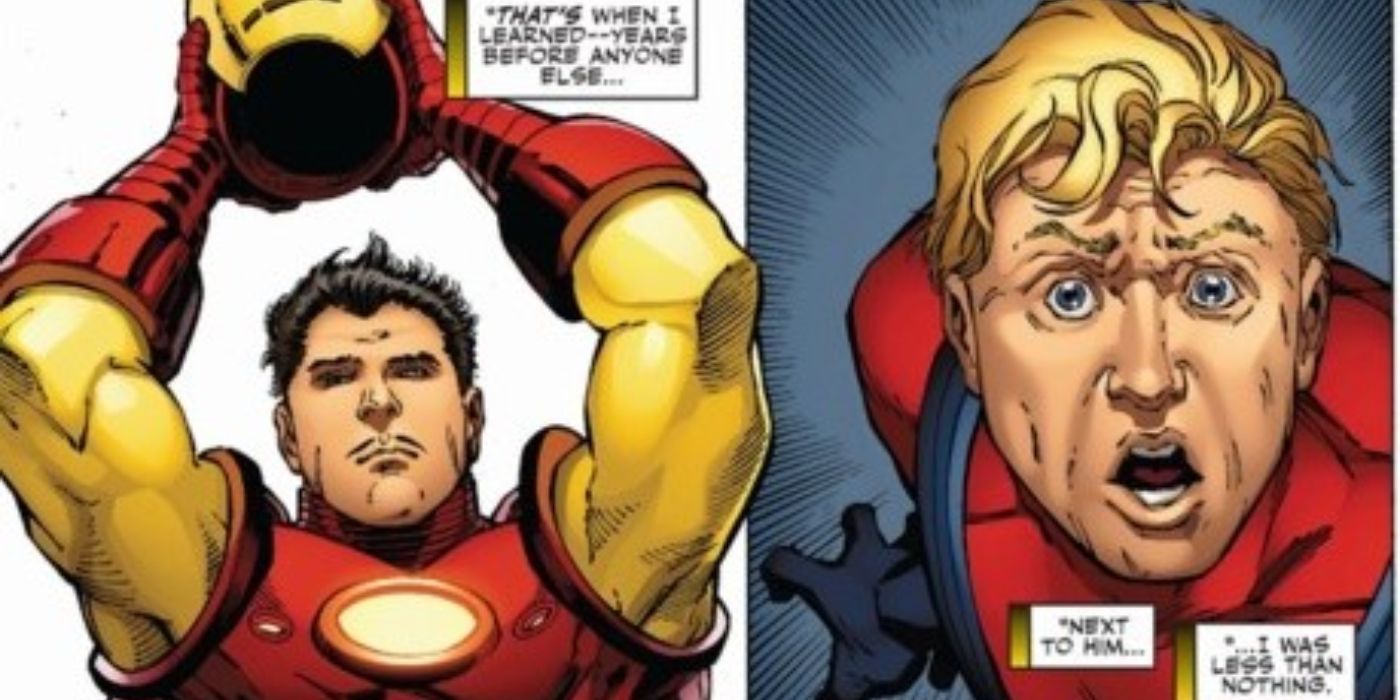 A panel of Iron Man removing his helm next a panel of a shocked Ant-Man (Hank Pym)