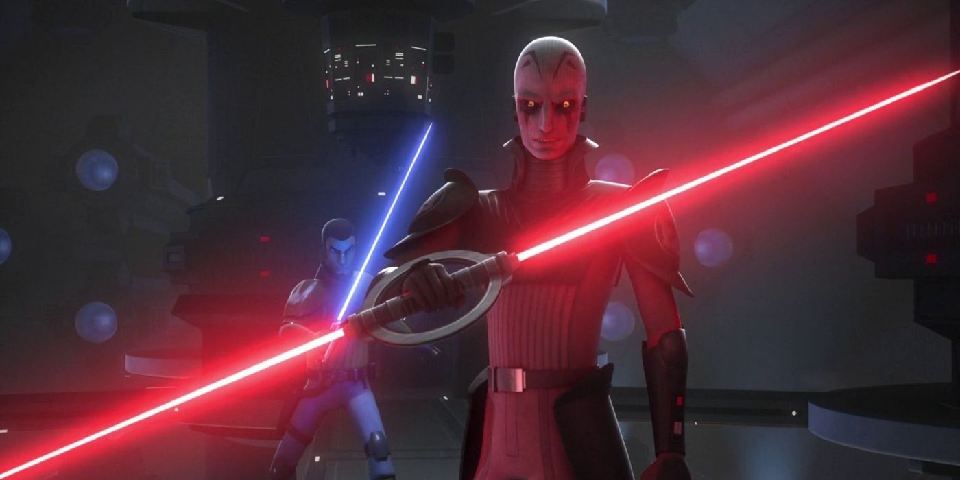 O Grande Inquisidor lutando contra Kanan Jarrus em Star Wars Rebels