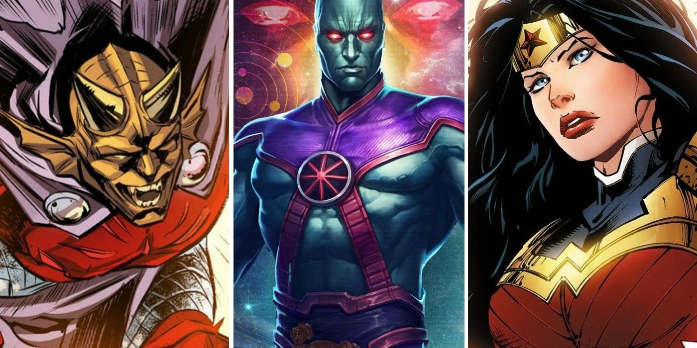 A split image of Etrigan the Demon, Martian Manhunter, and Wonder Woman from DC Comics